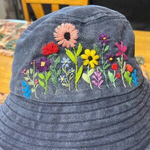 Hand Embroidered FLORAL Denim Blue Bucket Hat, Beautiful Handsewn Gift, One Size